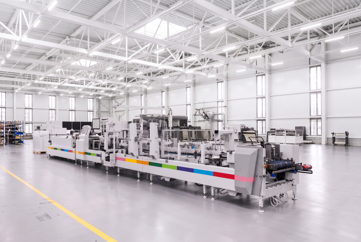 Straight-line folder gluer folding and gluing printed cartons