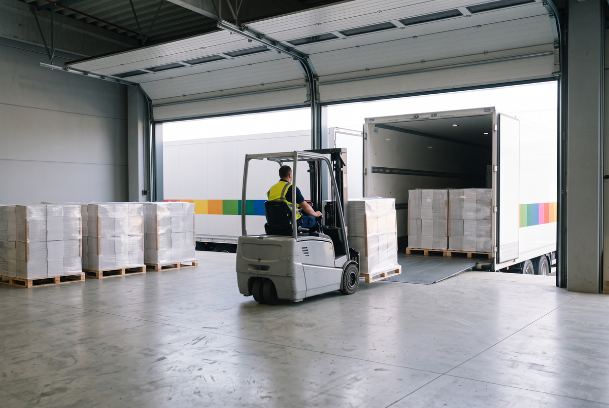 Shipping dock with pallets of finished packaging ready for distribution