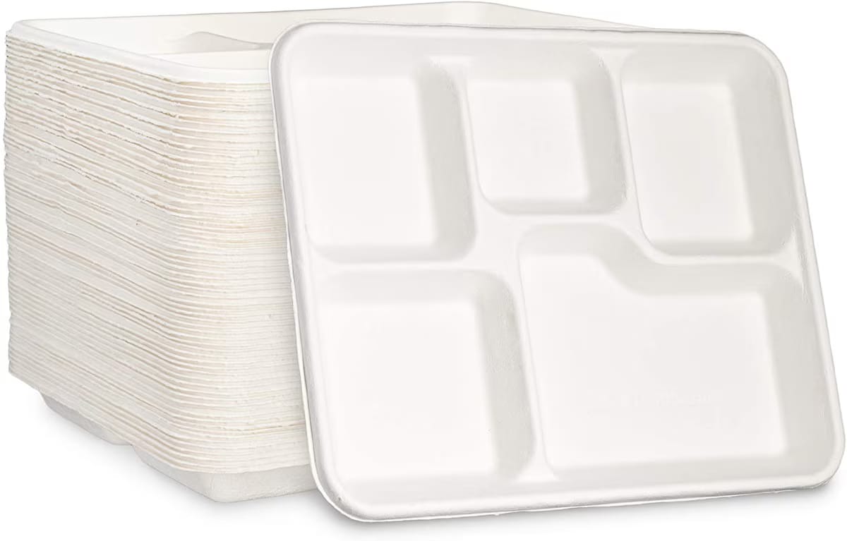 Updated Extra Strong Disposable Fiber Lunch & Cafeteria Tray - 5 Compartment